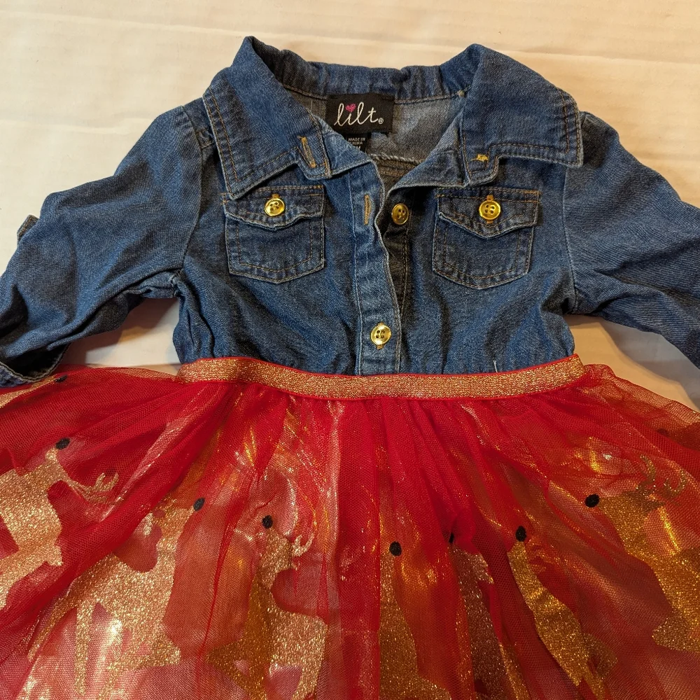 Infants Denim and Red Tulle Dress with Gold Reindeer Size 12 Months